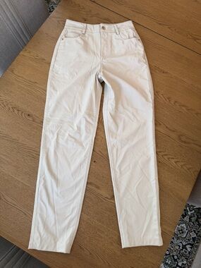 ZARA Cream Faux Leather Pants High Rise Straight Leg Ivory Gold Button Size 2